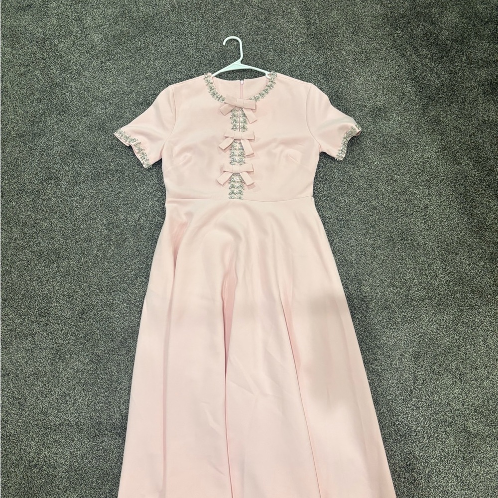 MISS ROSIER -CASSIOPEIA CRYSTAL-ACCENTED PINK BOW MIDI DRESS